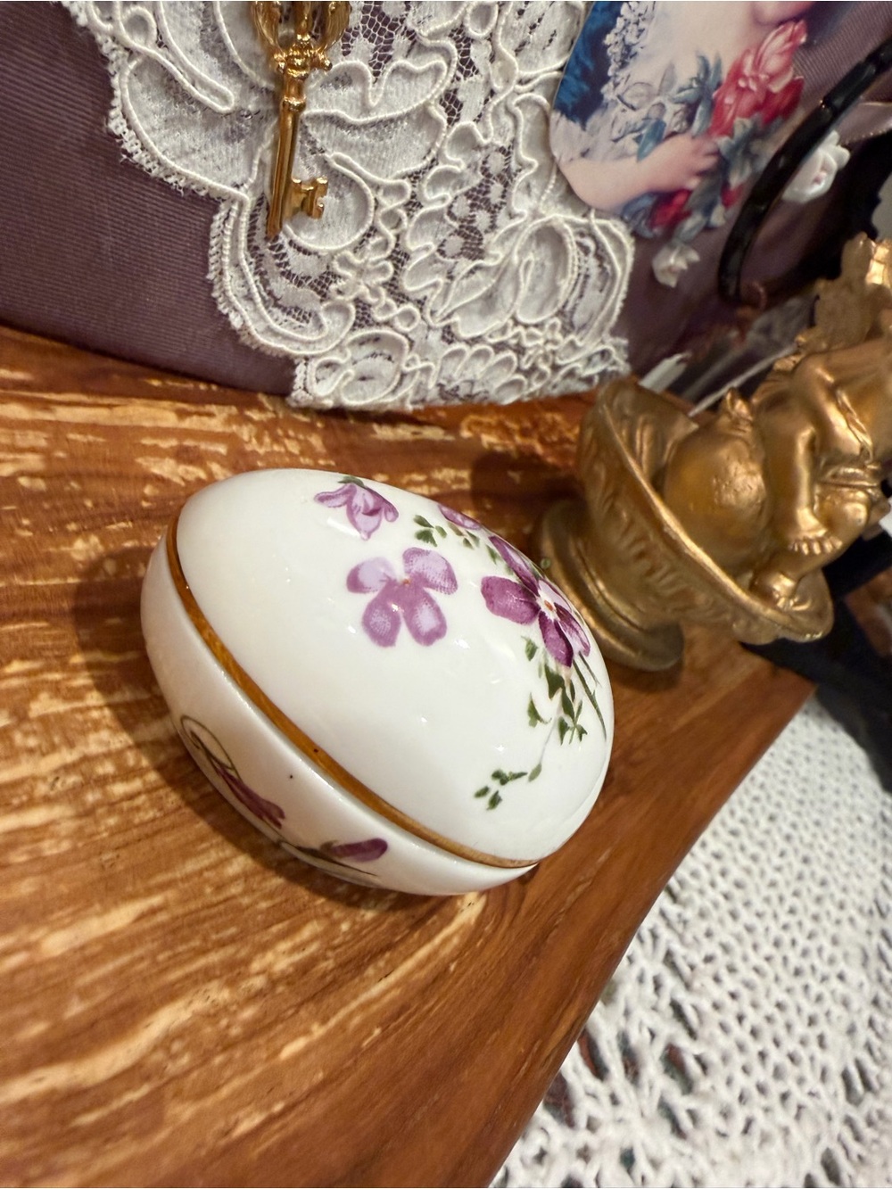 White Porcelain Trinket Box with Purple Floral Design and Gold Trim